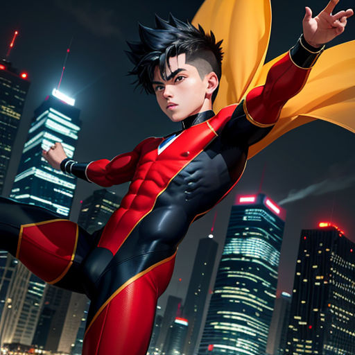 a man in a red and black suit is flying in the air with a city in the background at night