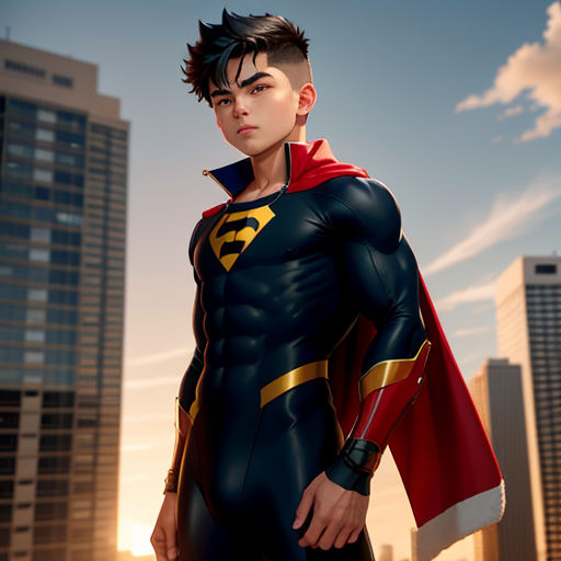 a man in a superman suit standing in front of a city skyline with skyscrapers in the background and a red cape