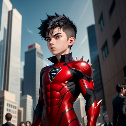 a man in a red suit standing in front of a crowd of people in a city with tall buildings