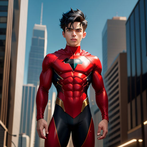 a man in a red and black suit standing in front of a cityscape with skyscrapers in the background