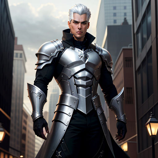 a man in a suit of armor standing in a city street with a light on his head and a sword in his hand