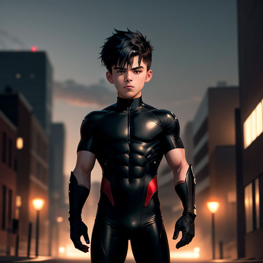 a man in a futuristic suit standing in a city street at night with a cityscape in the background