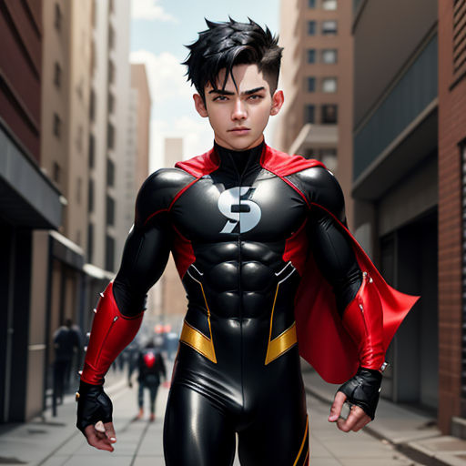 a man in a black and red suit is standing on a sidewalk in a city street with buildings and people