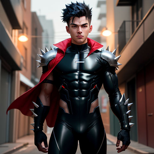 a man dressed in a black and red costume and a red cape is standing in a city street with a red cape