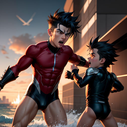 a couple of people that are in the water together in the water with a building in the background and a bird flying over them