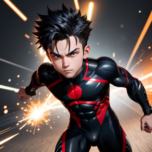 a man in a black and red suit with a sparky background and a black and red background with a red and black design