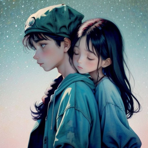 a couple of people that are hugging each other in front of a sky full of stars and stars behind them