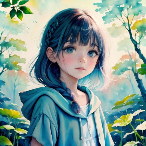 a painting of a girl in a blue dress in a forest with trees and flowers on the ground and a bird flying overhead