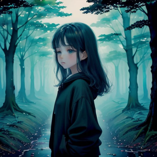 a girl standing in the middle of a forest with a path leading to a forest with trees and leaves