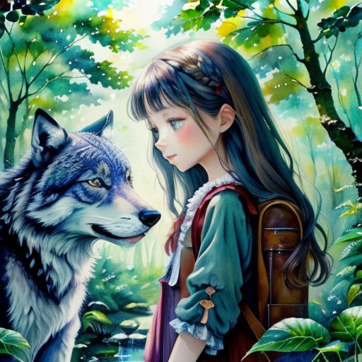 a girl and a wolf in the woods with trees and leaves behind her, looking at each other, with a forest scene in the background