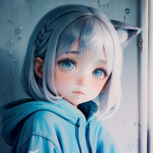 a cartoon character with a cat ears and a cat tail on her head, wearing a blue hoodie