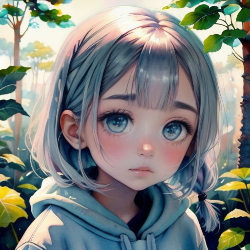 a girl with blue eyes and a hoodie in a forest with trees and plants in the background, looking at the camera