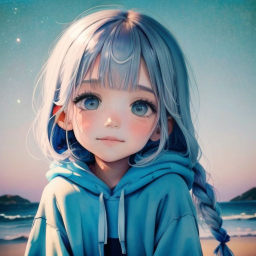 a girl with blue eyes and a blue hoodie on a beach with a star in the sky above her head