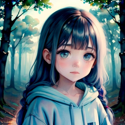 a girl with long hair and blue eyes standing in a forest with trees and leaves on the ground, looking at the camera