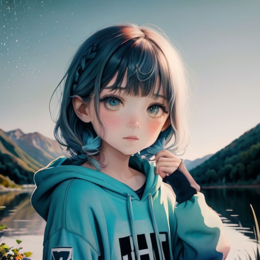 a girl with blue hair and a hoodie by a lake with mountains in the background and stars in the sky