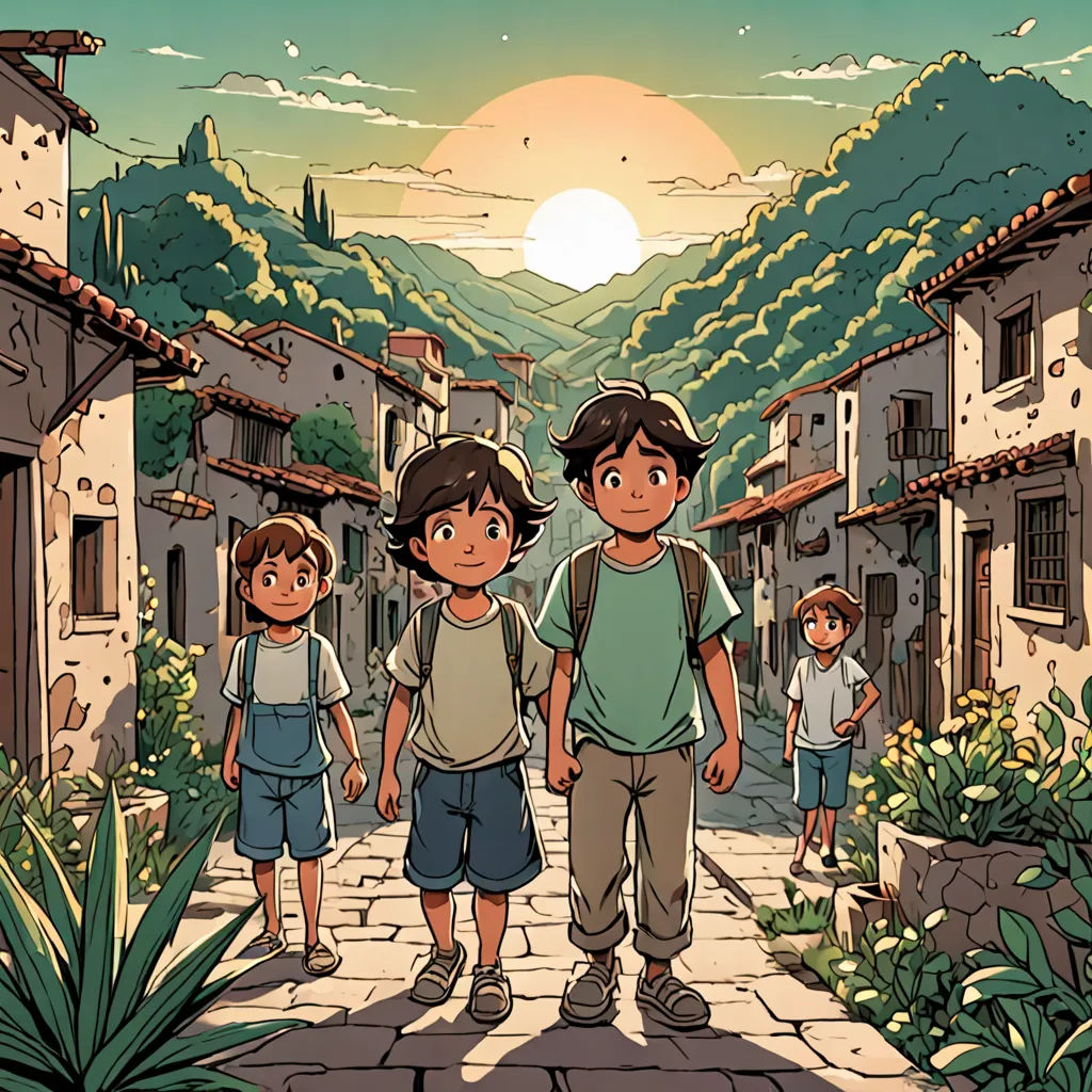 a group of people standing on a street next to a forest and buildings with a sun in the background, serial art, a comic book panel, Brothers Hildebrandt, official art