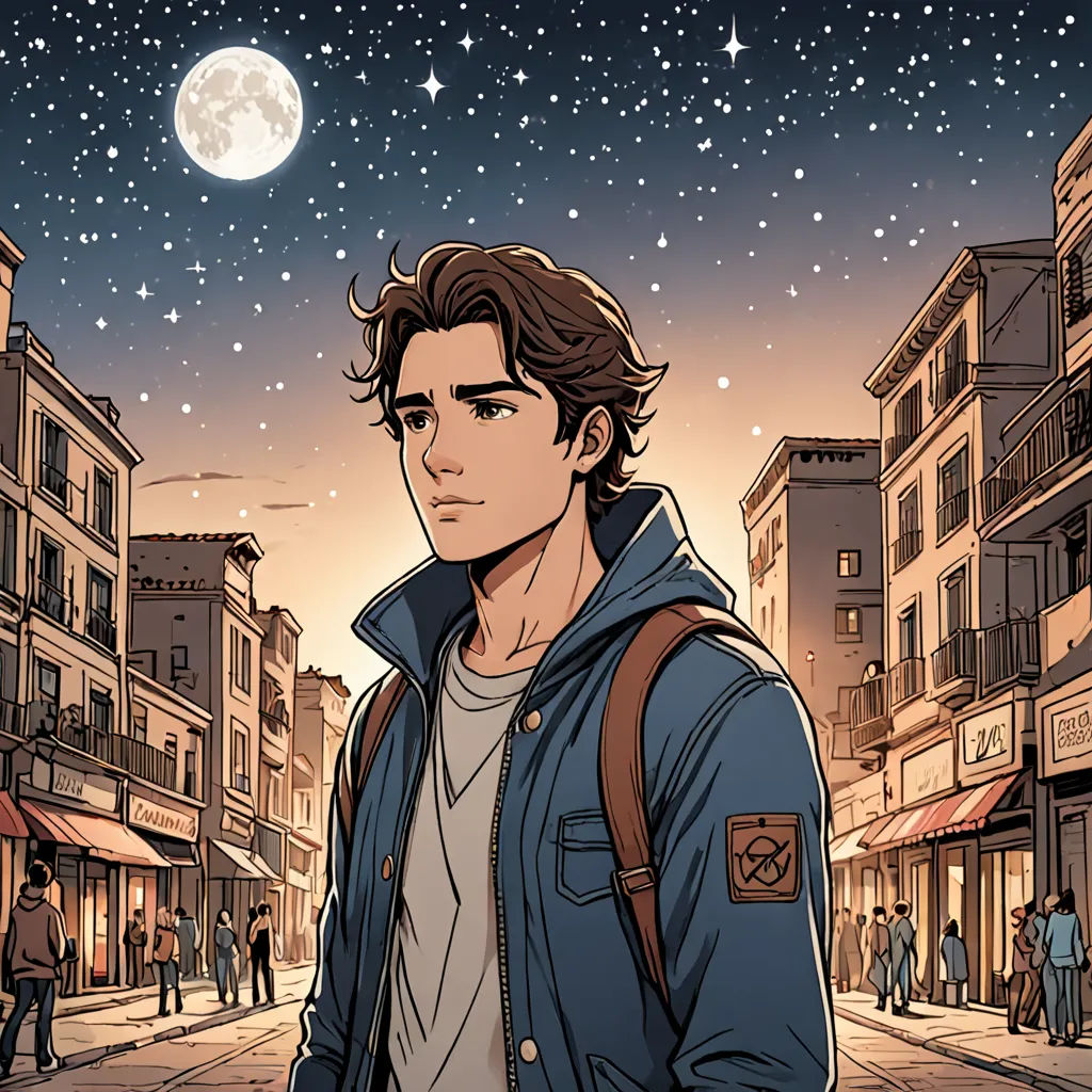 a man standing on a street in front of a full moon and stars filled sky with buildings and people, aestheticism, a comic book panel, Cedric Seaut (Keos Masons), kinkade