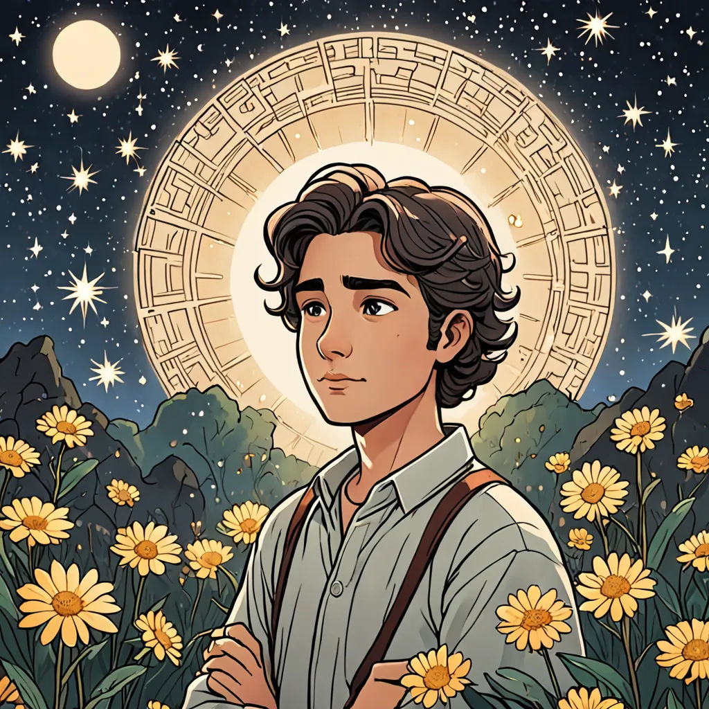 a man standing in a field of flowers under a full moon with a sunflower in the background and a sky with stars, art nouveau, a character portrait, Aaron Jasinski, comic cover art