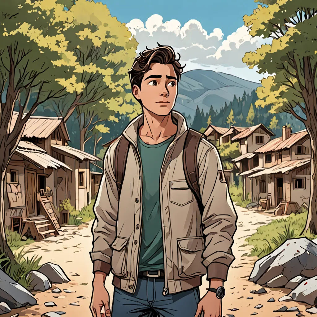 a man standing in front of a village with a backpack on his back and a backpack on his shoulder, serial art, a character portrait, Cedric Seaut (Keos Masons), comic cover art