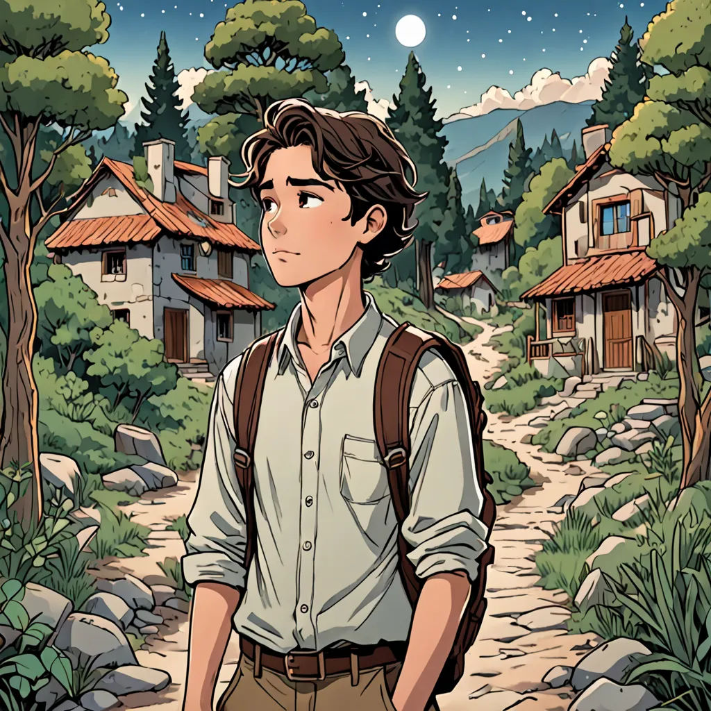 a man with a backpack is standing in the woods looking at the sky and houses on the other side, magical realism, a character portrait, Cedric Seaut (Keos Masons), comic cover art