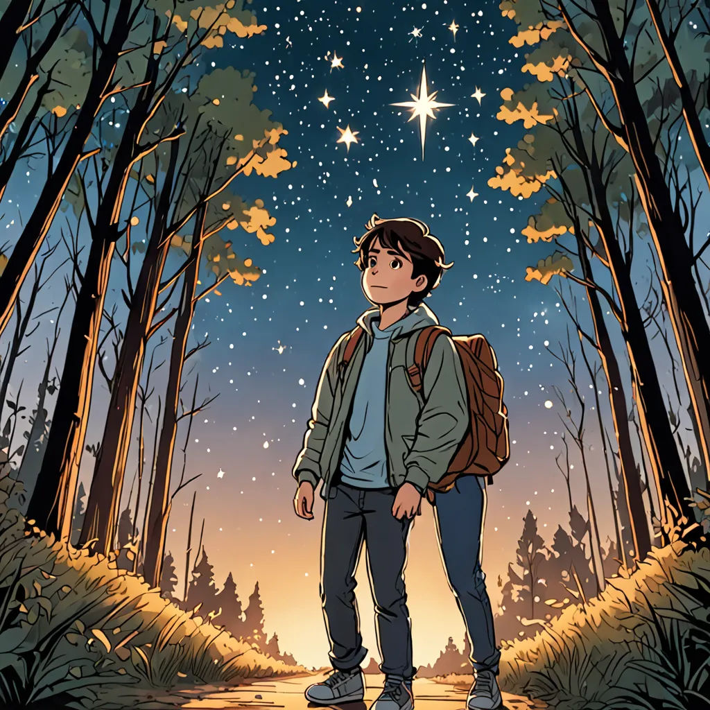 a man standing in the middle of a forest under a star filled sky with stars above him and a path leading to the woods, space art, poster art, Asaf Hanuka, official art