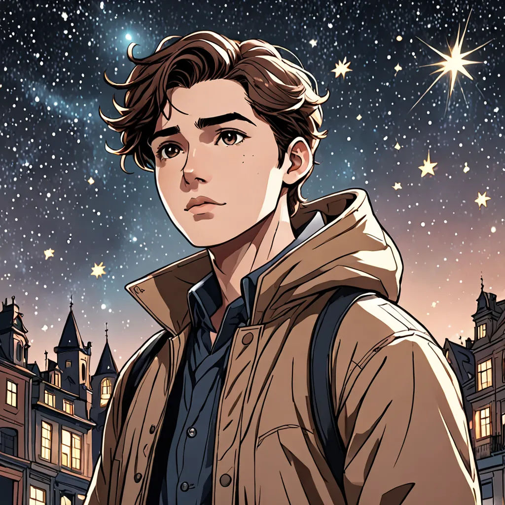 a man standing in front of a building with stars in the sky behind him and a cityscape in the background, space art, a character portrait, David Park, rossdraws global illumination