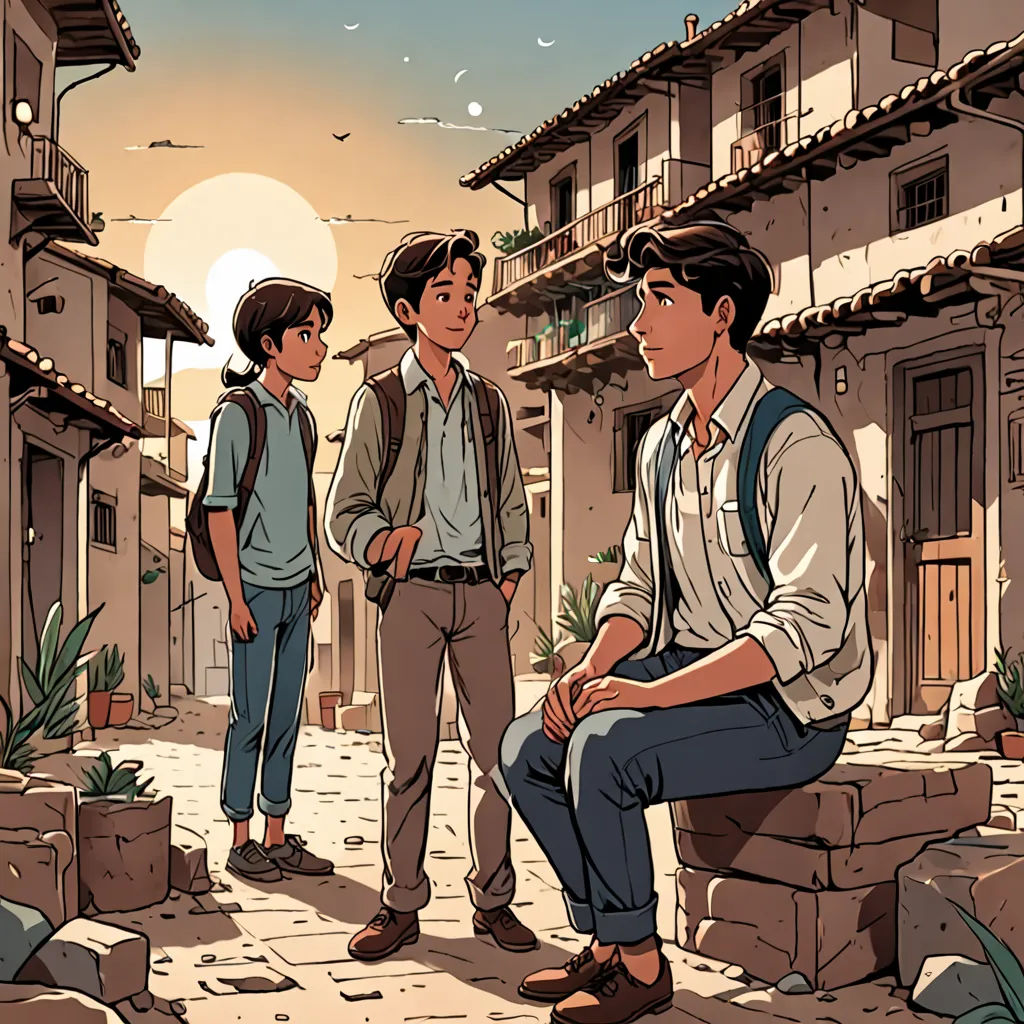 a group of people standing around a courtyard in front of a building with a sun in the background and a person sitting on a ledge, serial art, a comic book panel, Asaf Hanuka, official art