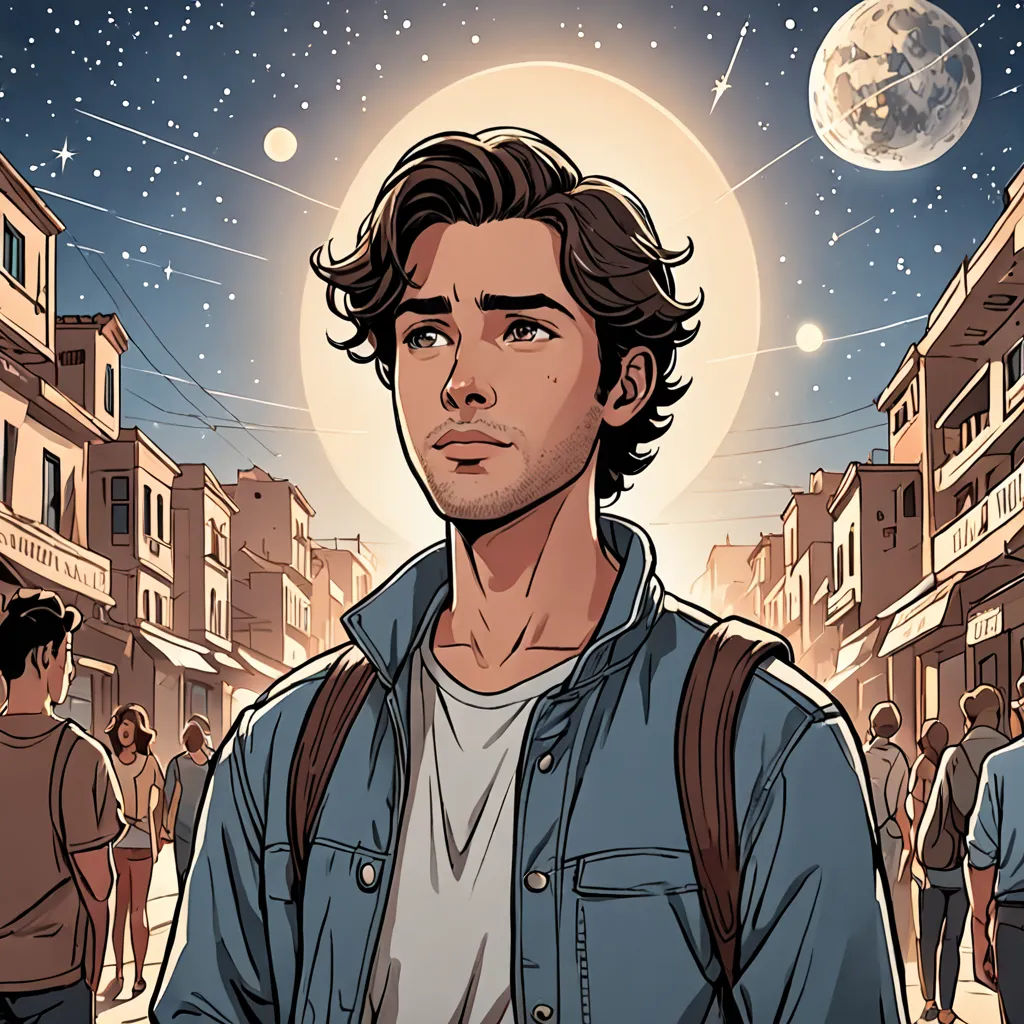a man with a backpack standing in front of a full moon and buildings with people walking around him in the background, serial art, a comic book panel, Amir Zand, graphic novel
