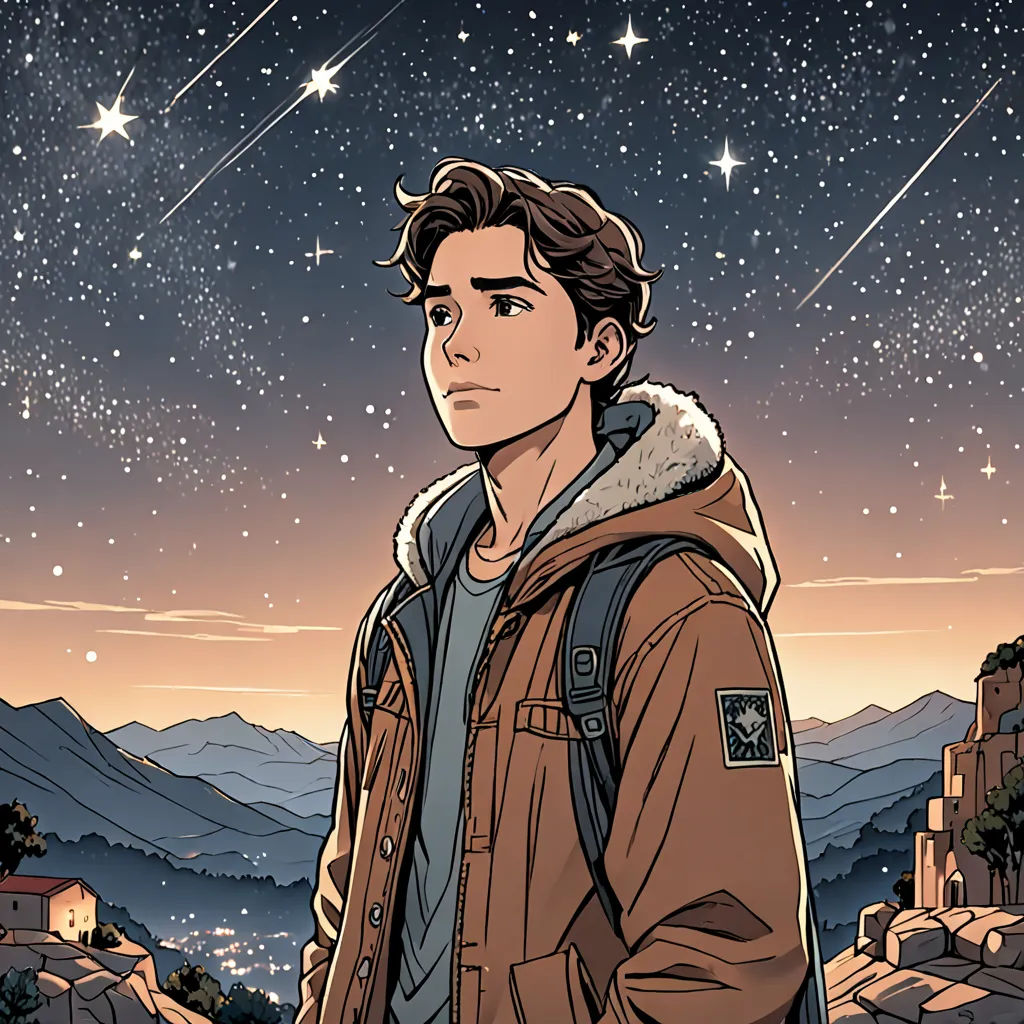 a man standing in front of a mountain under a night sky with stars above him and a city below, space art, a comic book panel, Cedric Seaut (Keos Masons), comic cover art