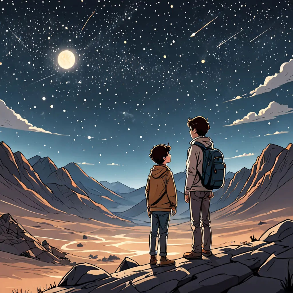 two people standing on a mountain looking at the stars in the sky above them and a full moon in the sky, space art, poster art, Atey Ghailan, stars