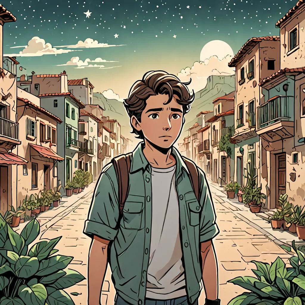 a man standing in the middle of a street with a backpack on his back and a sky full of stars, serial art, a comic book panel, Asaf Hanuka, comic cover art