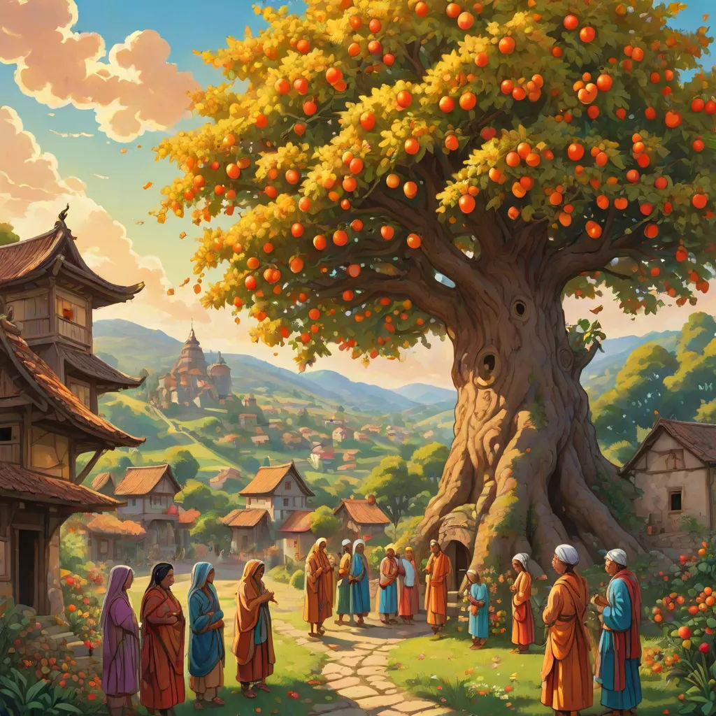 a painting of a group of people standing in front of a tree with oranges on it and a village in the background, Christophe Vacher, fantasy art, a detailed matte painting, kinkade