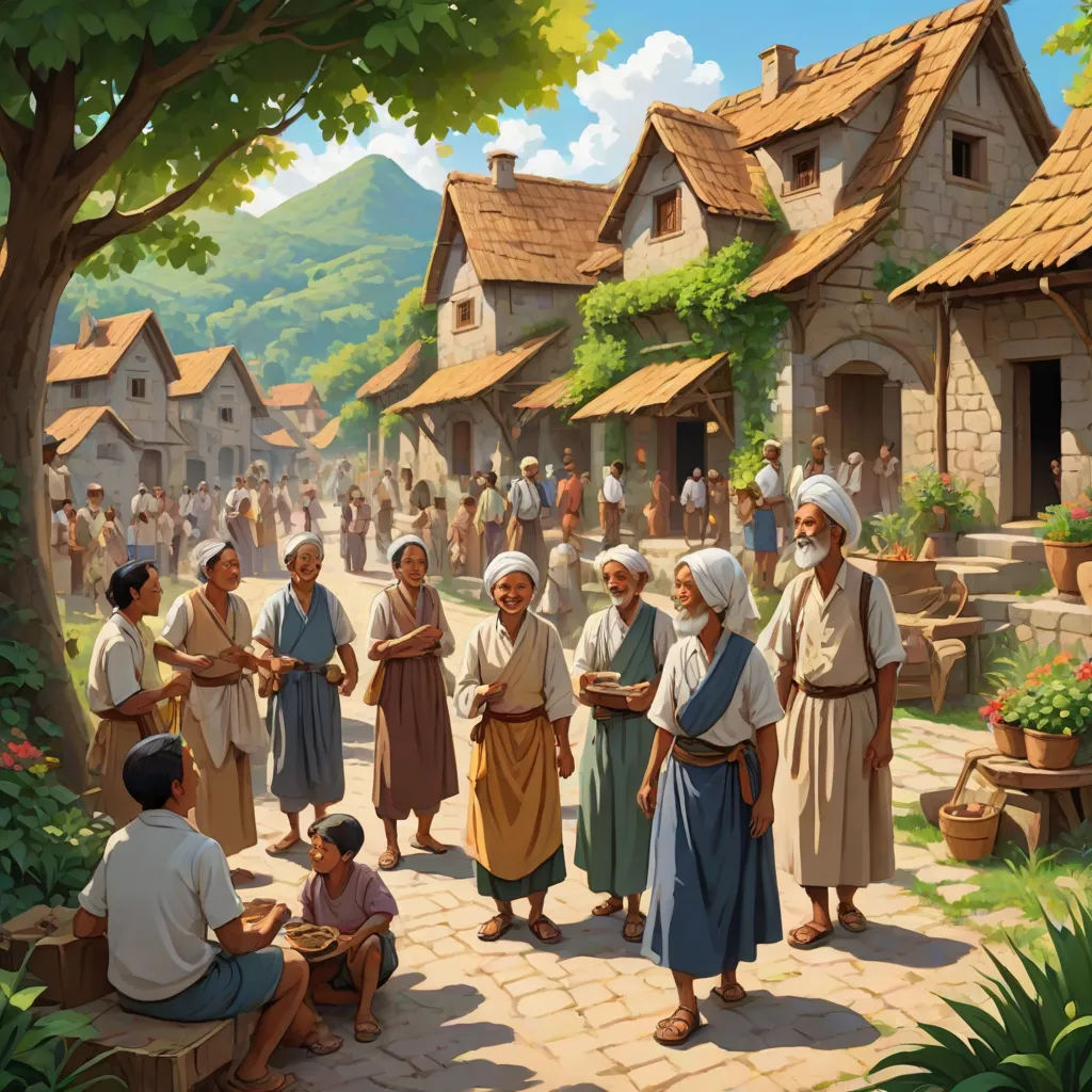 a painting of a village scene with people standing around a village and a man holding a sword in his hand, Brothers Hildebrandt, american scene painting, a detailed matte painting, utopian
