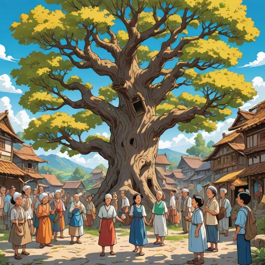 a group of people standing around a tree in a village with a sky background and a large tree with yellow leaves, Baiōken Eishun, sōsaku hanga, a storybook illustration, official art
