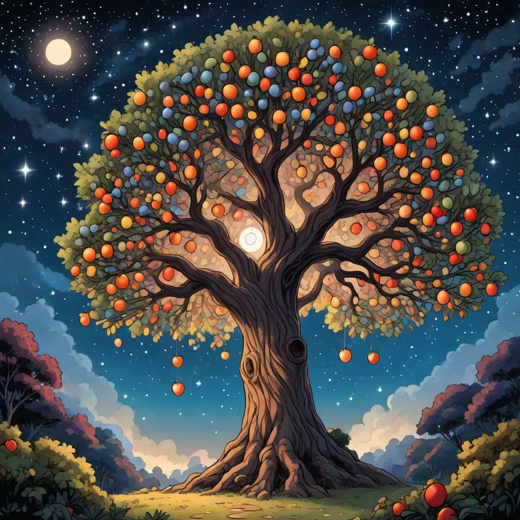 a tree with many oranges on it in the night sky with stars and moon in the background,, Chris LaBrooy, magical realism, a storybook illustration, highly detailed digital painting