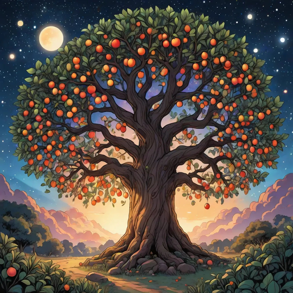 a painting of a tree with oranges on it and a full moon in the background with stars and clouds, Dan Mumford, naturalism, a storybook illustration, highly detailed digital art