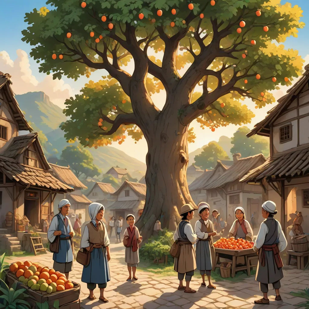 a painting of a village with people standing around a tree and a fruit stand with oranges on it, Evgeny Lushpin, fantasy art, a storybook illustration, storybook illustration