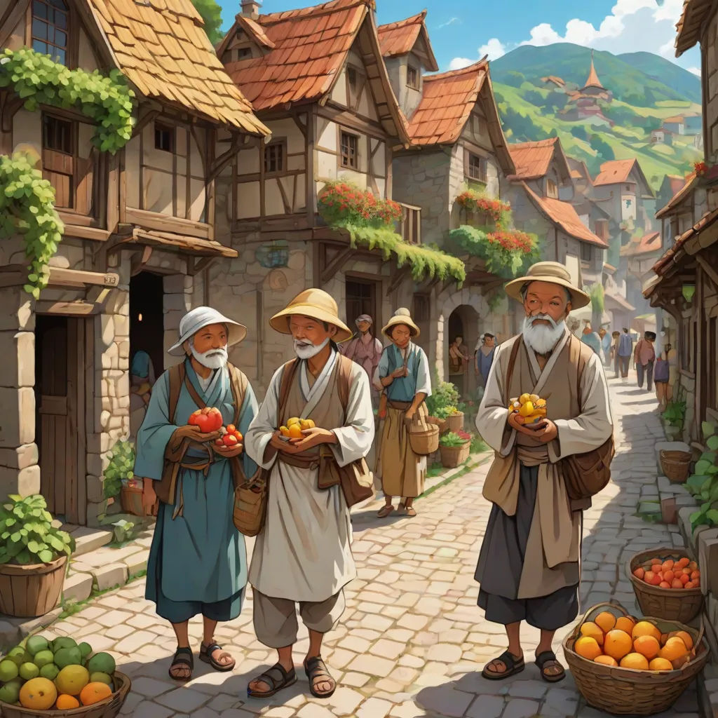a painting of a village with people walking around and a man holding a basket of fruit in front of him, Christophe Vacher, fantasy art, a detailed matte painting, kinkade