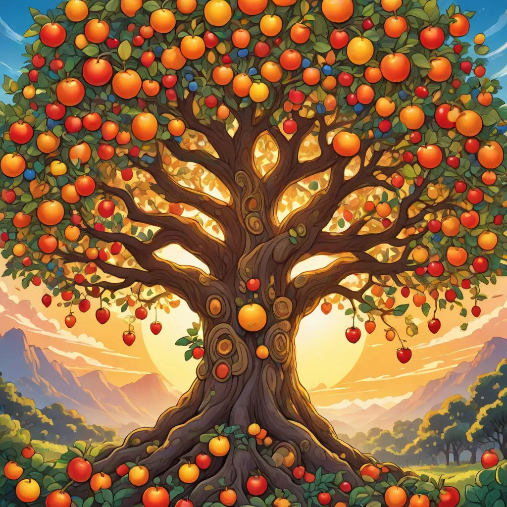 a painting of a tree with many apples on it and a sunset in the background with mountains and trees, Chris LaBrooy, precisionism, a storybook illustration, highly detailed digital art