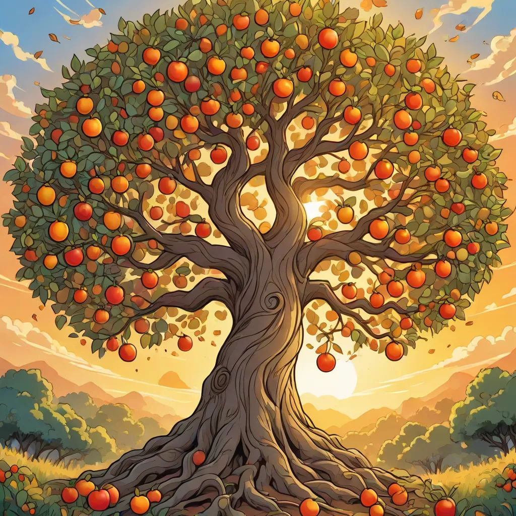 a tree with oranges growing on it in a field with a sunset in the background and clouds in the sky, David Martin, precisionism, a storybook illustration, highly detailed digital art