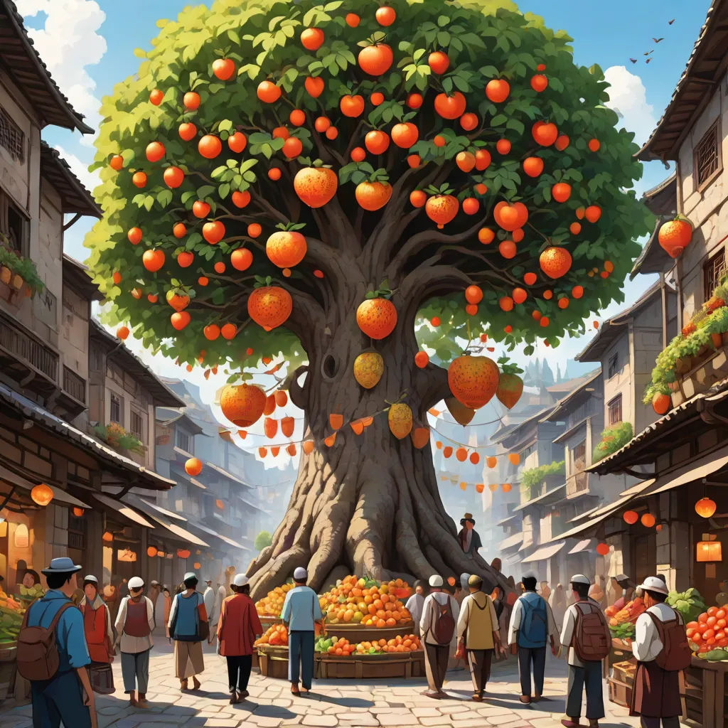 a painting of a tree with oranges on it in a market place with people walking around it and a man standing under it, Chris LaBrooy, fantasy art, a detailed matte painting, official art