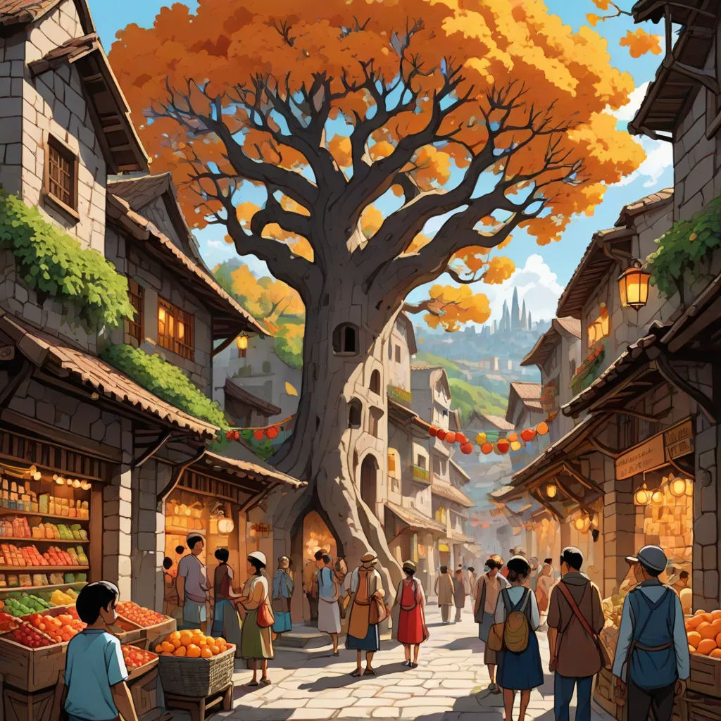 a painting of a street with people walking around it and a tree in the middle of the street with orange leaves, Chris LaBrooy, fantasy art, a storybook illustration, kinkade