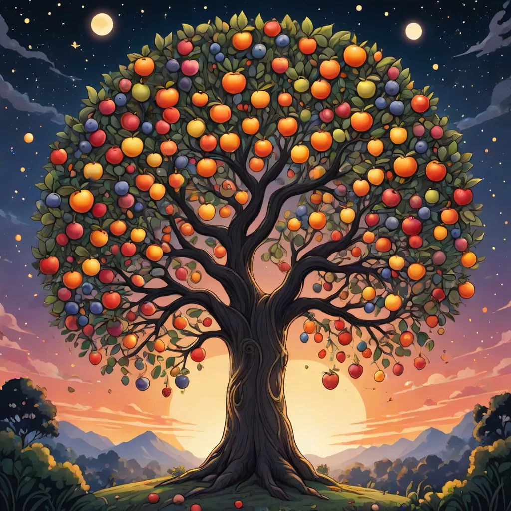 a tree with many apples on it in the night sky with the moon in the background and a full moon in the sky, Dan Mumford, precisionism, a storybook illustration, hi - fructose