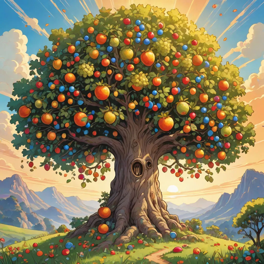 a tree with many apples on it in a field with mountains in the background and a sky with clouds, Chris LaBrooy, precisionism, an ultrafine detailed painting, highly detailed digital painting