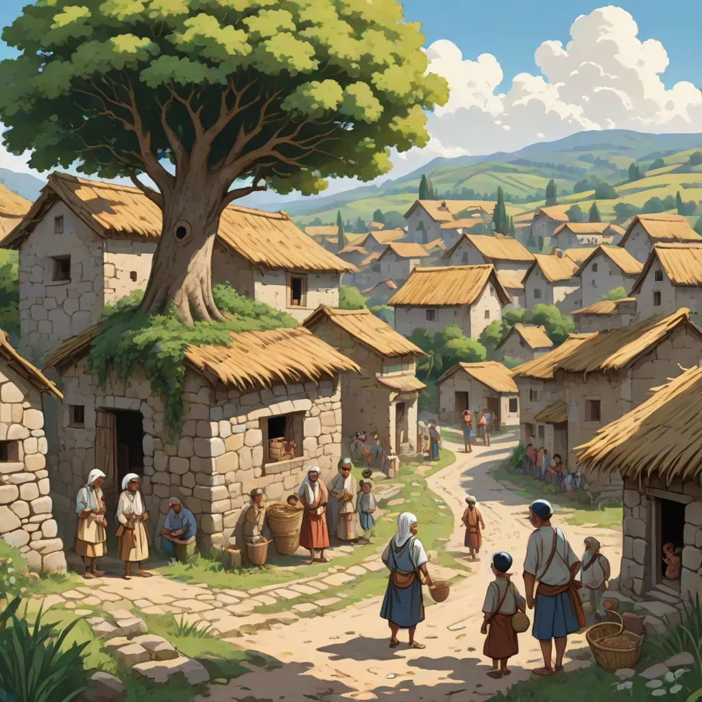 a painting of a village with people walking around it and a tree in the background with a few buildings, Christophe Vacher, american scene painting, a detailed matte painting, city background
