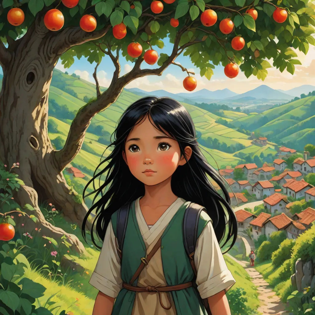 a girl standing under a tree with an orange tree in the background and a village in the background with oranges on the trees, Audrey Kawasaki, fantasy art, a storybook illustration, kinkade