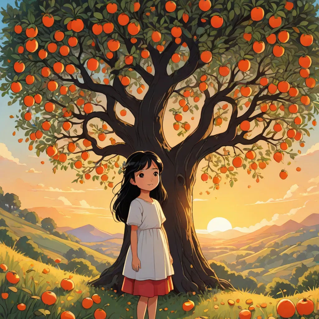 a girl standing under a tree with oranges on it's branches and a sunset in the background, Audrey Kawasaki, magical realism, poster art, official art