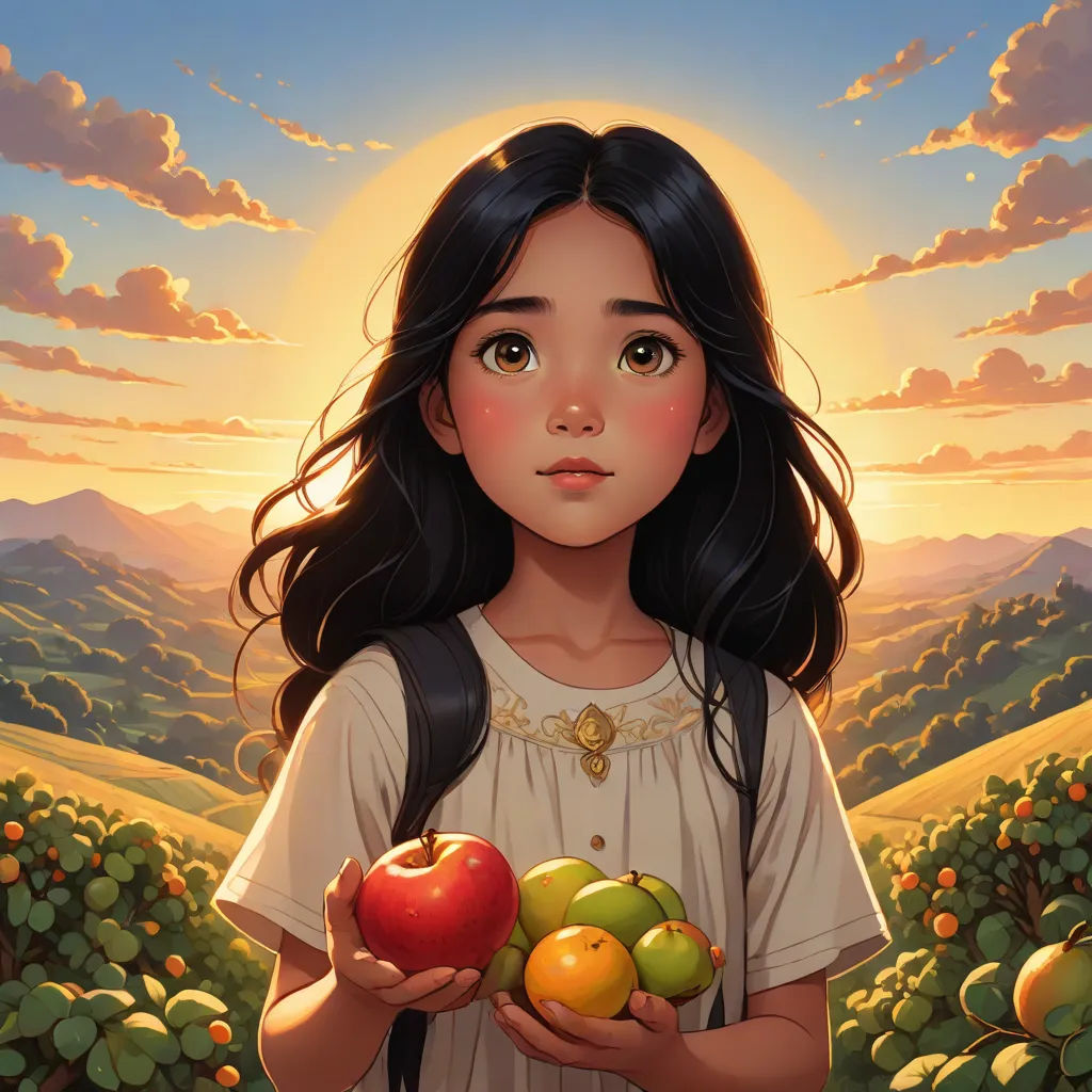 a painting of a girl holding two apples and an apple in her hands with a sunset in the background, Audrey Kawasaki, fantasy art, a storybook illustration, trending on art station