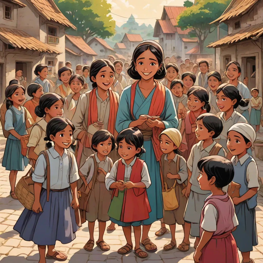 a cartoon of a woman standing in front of a group of children in a village with a woman holding a bag, Ella Guru, samikshavad, a storybook illustration, comic cover art