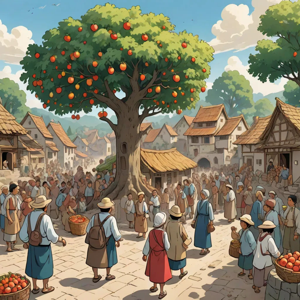 a painting of a village with people and oranges on the trees and a crowd of people walking around, Edward Sorel, synthetism, a storybook illustration, official art